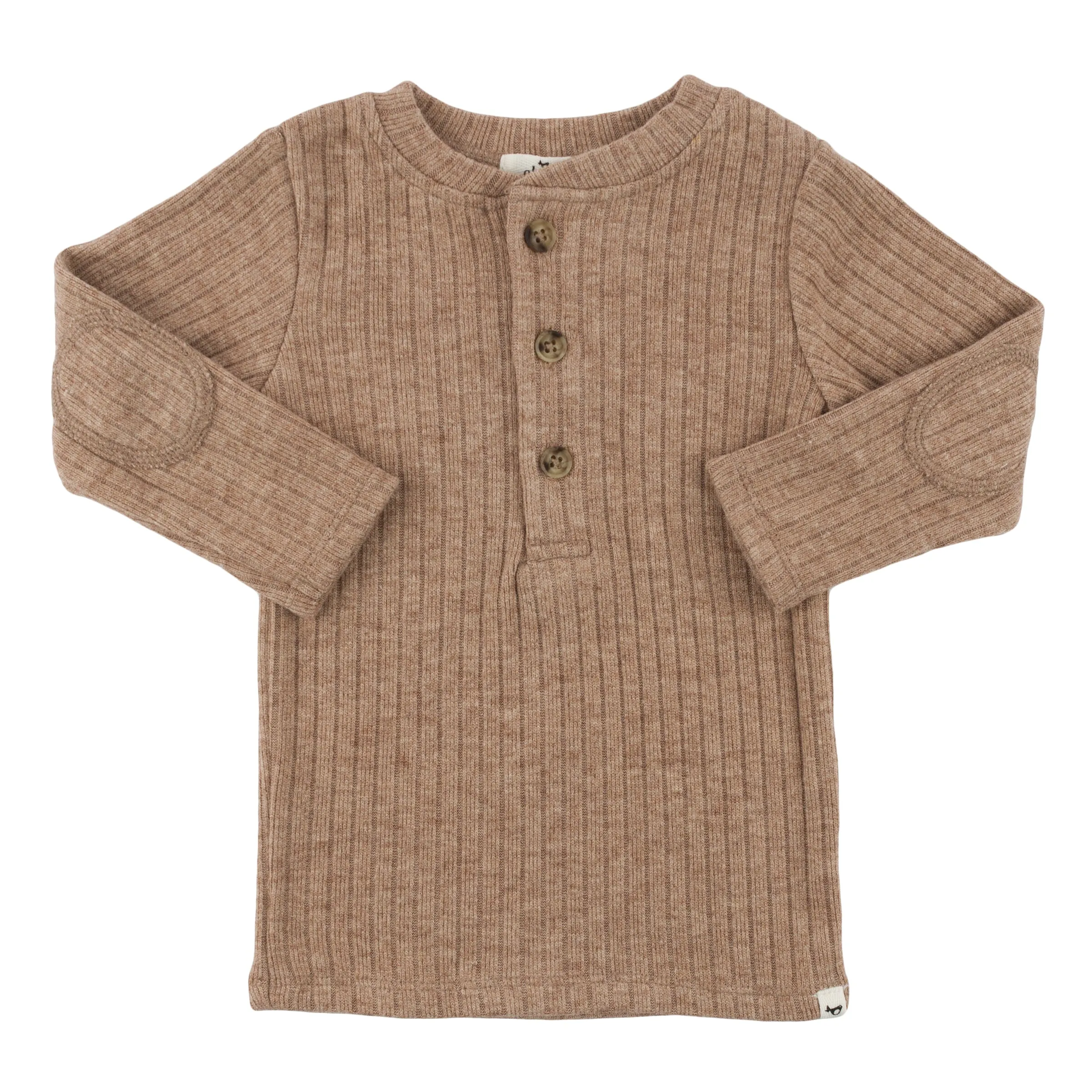 oh baby! Wide Rib Fuzzy Sweater Knit Elbow Patch Henley - Mushroom Heather
