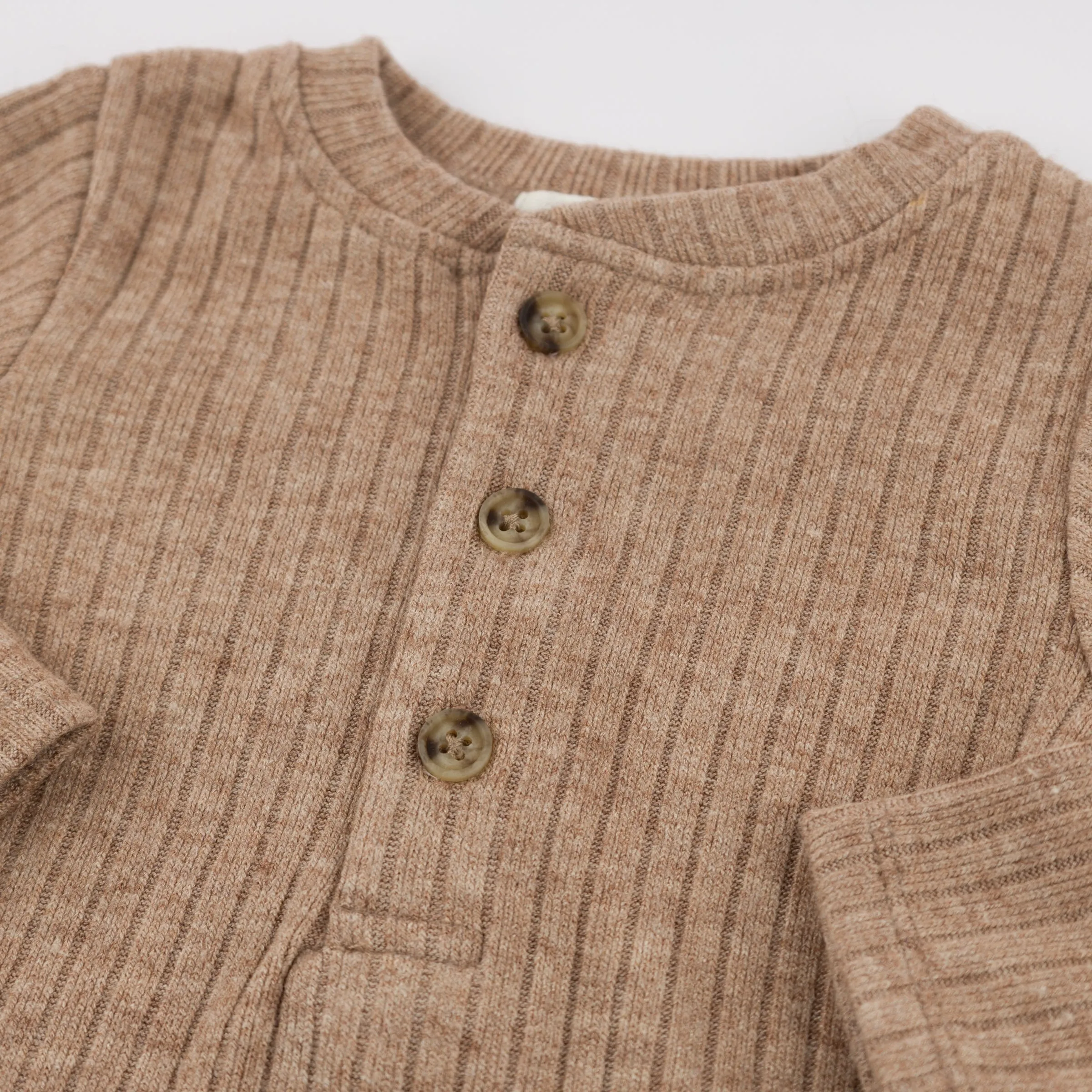 oh baby! Wide Rib Fuzzy Sweater Knit Elbow Patch Henley - Mushroom Heather