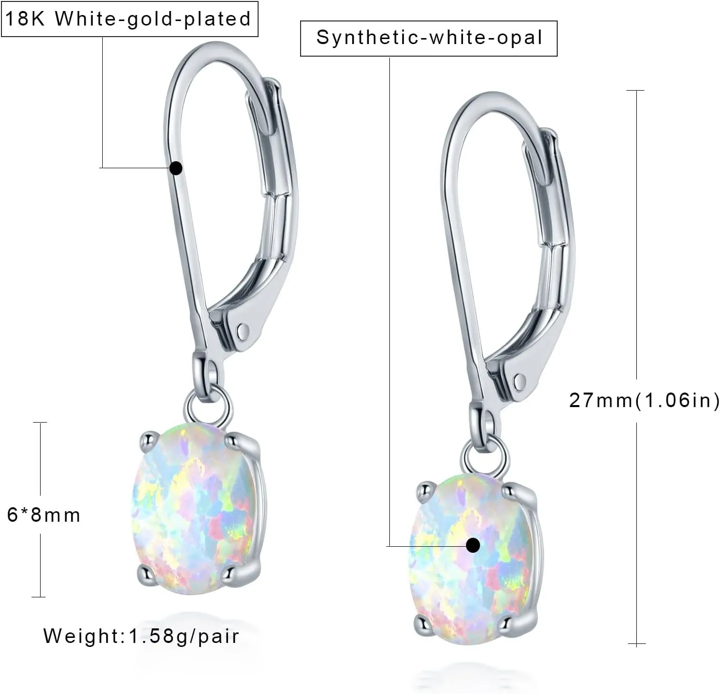 Opal Leverback Earrings for Women 18K White/Yellow/Rose Gold Plated Gemstone Dangle Ear Hypopallergenic Jewelry Gifts