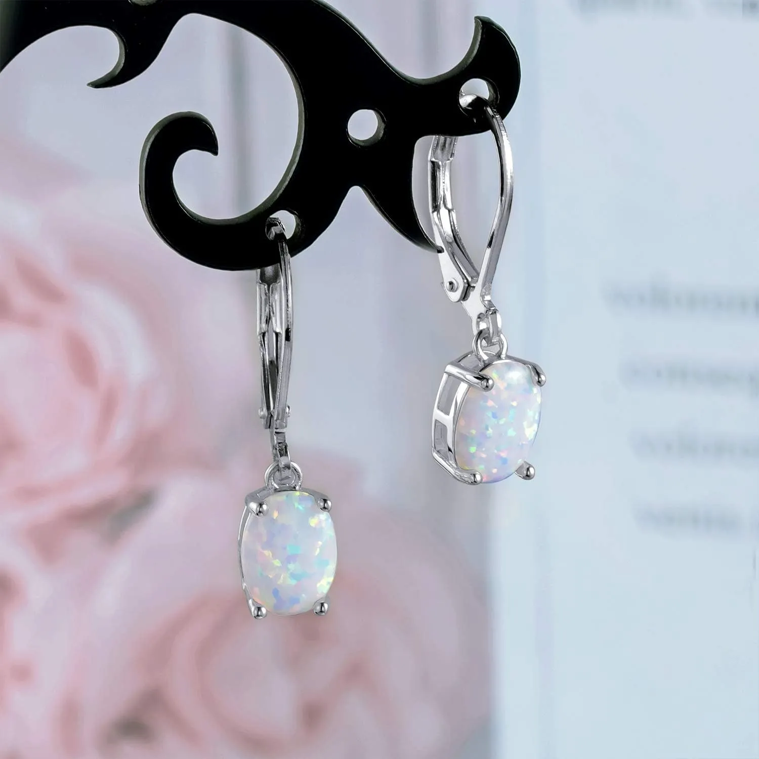 Opal Leverback Earrings for Women 18K White/Yellow/Rose Gold Plated Gemstone Dangle Ear Hypopallergenic Jewelry Gifts