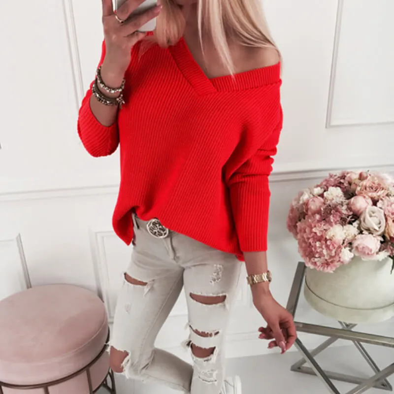 Oversized Pure Color V Neck Ribbed Knit Sweater