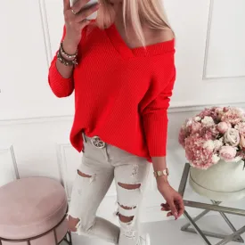 Oversized Pure Color V Neck Ribbed Knit Sweater