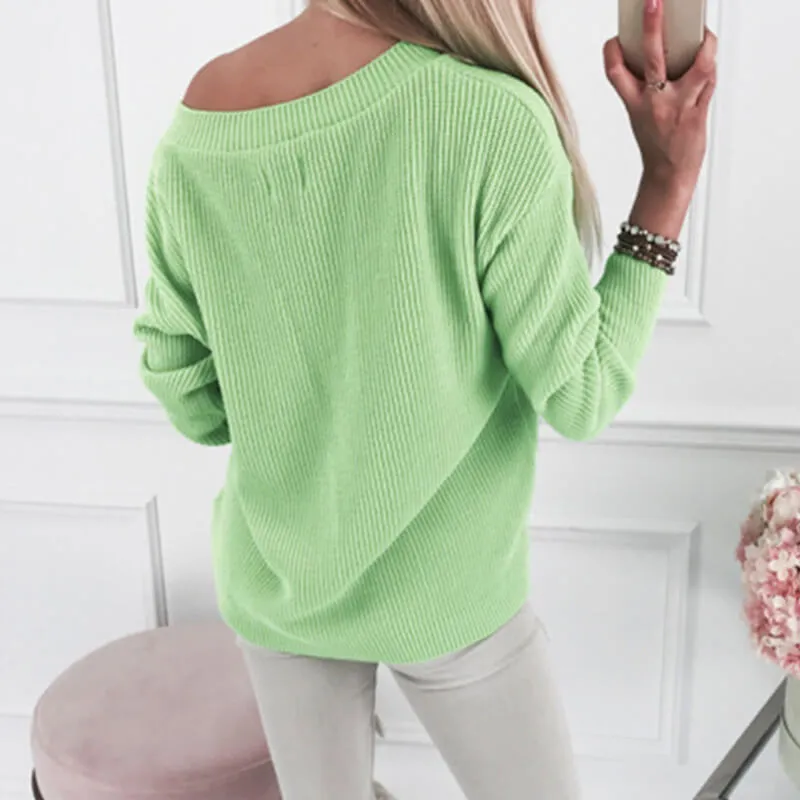 Oversized Pure Color V Neck Ribbed Knit Sweater