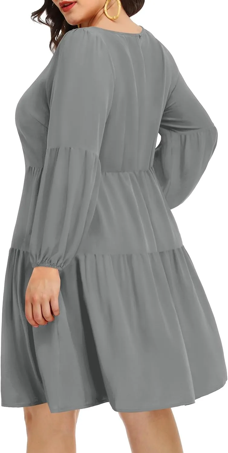 Pinup Fashion Plus Size Long Sleeve Fall Dress - Casual Babydoll Tunic Shift Tiered Flowy Dresses
