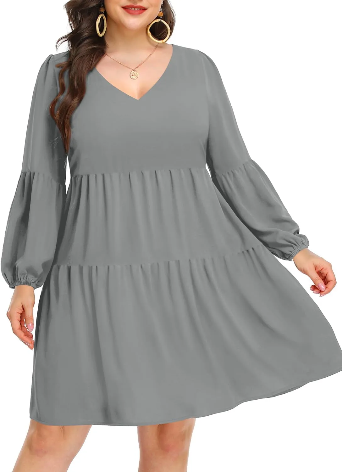Pinup Fashion Plus Size Long Sleeve Fall Dress - Casual Babydoll Tunic Shift Tiered Flowy Dresses