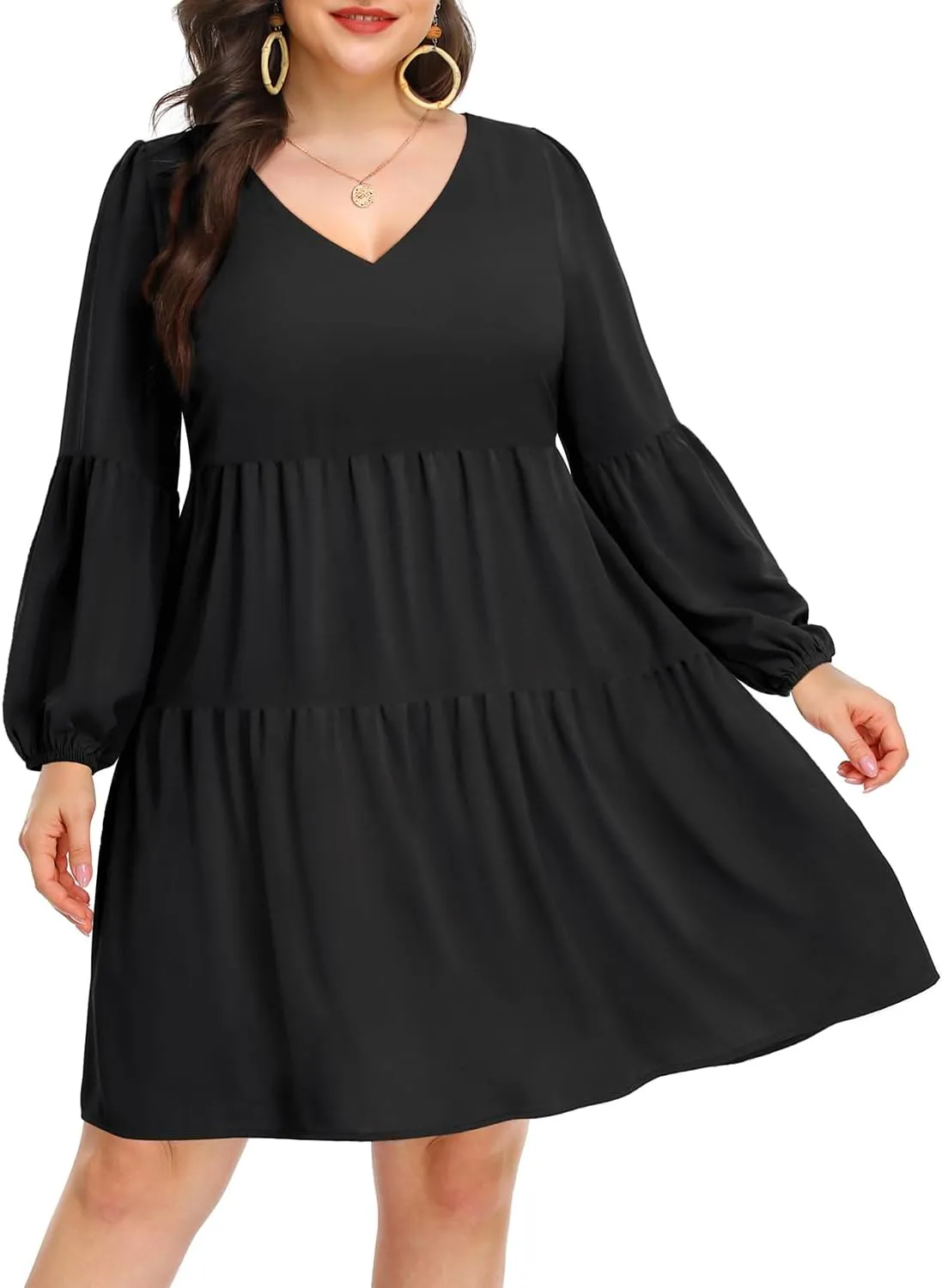 Pinup Fashion Plus Size Long Sleeve Fall Dress - Casual Babydoll Tunic Shift Tiered Flowy Dresses