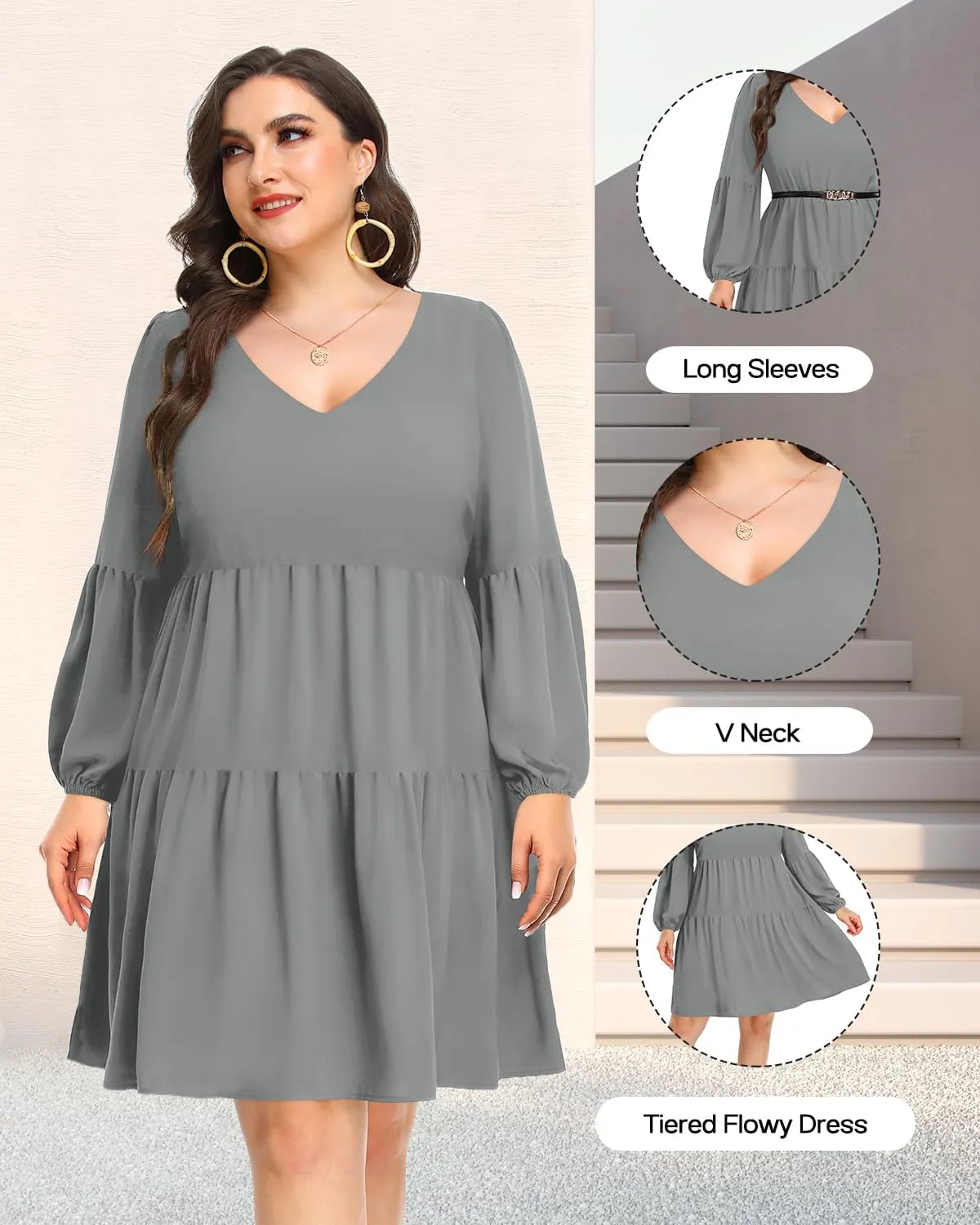 Pinup Fashion Plus Size Long Sleeve Fall Dress - Casual Babydoll Tunic Shift Tiered Flowy Dresses
