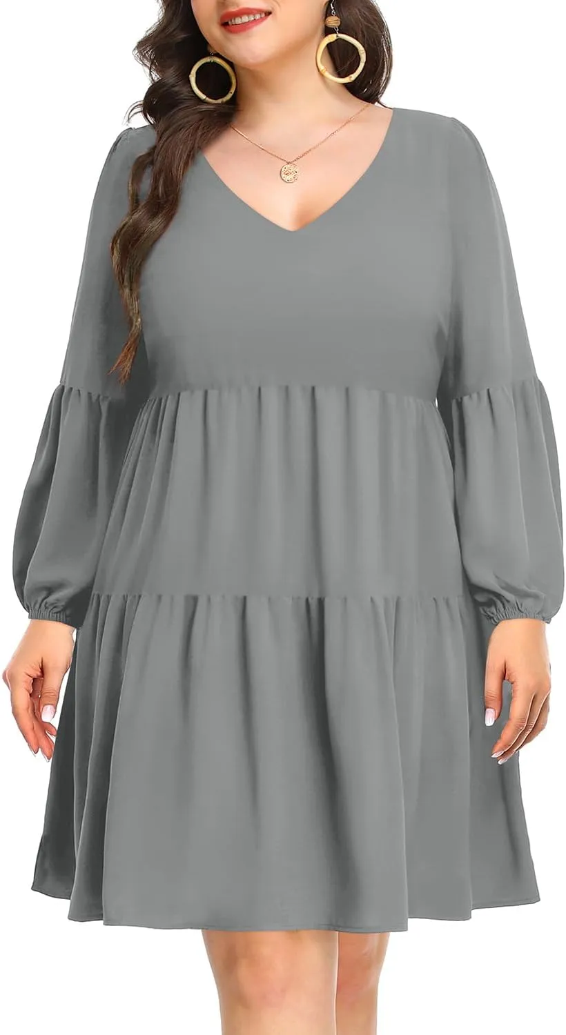 Pinup Fashion Plus Size Long Sleeve Fall Dress - Casual Babydoll Tunic Shift Tiered Flowy Dresses