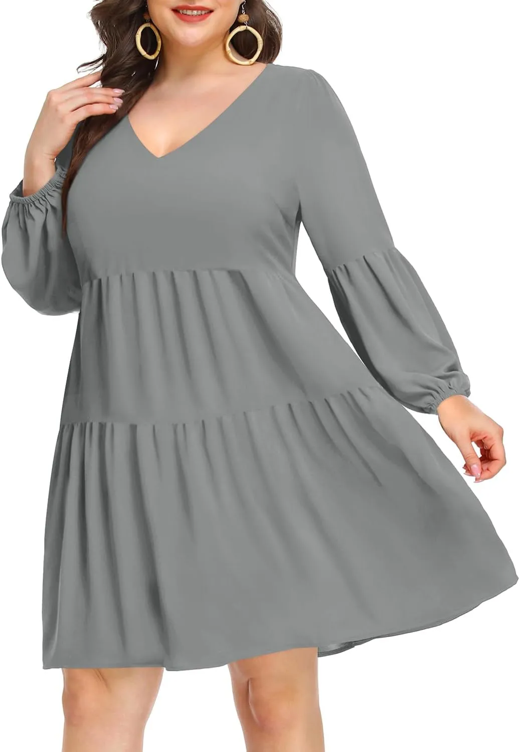 Pinup Fashion Plus Size Long Sleeve Fall Dress - Casual Babydoll Tunic Shift Tiered Flowy Dresses