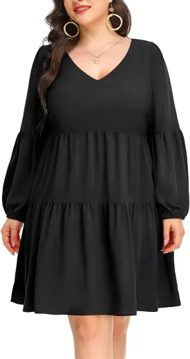 Pinup Fashion Plus Size Long Sleeve Fall Dress - Casual Babydoll Tunic Shift Tiered Flowy Dresses