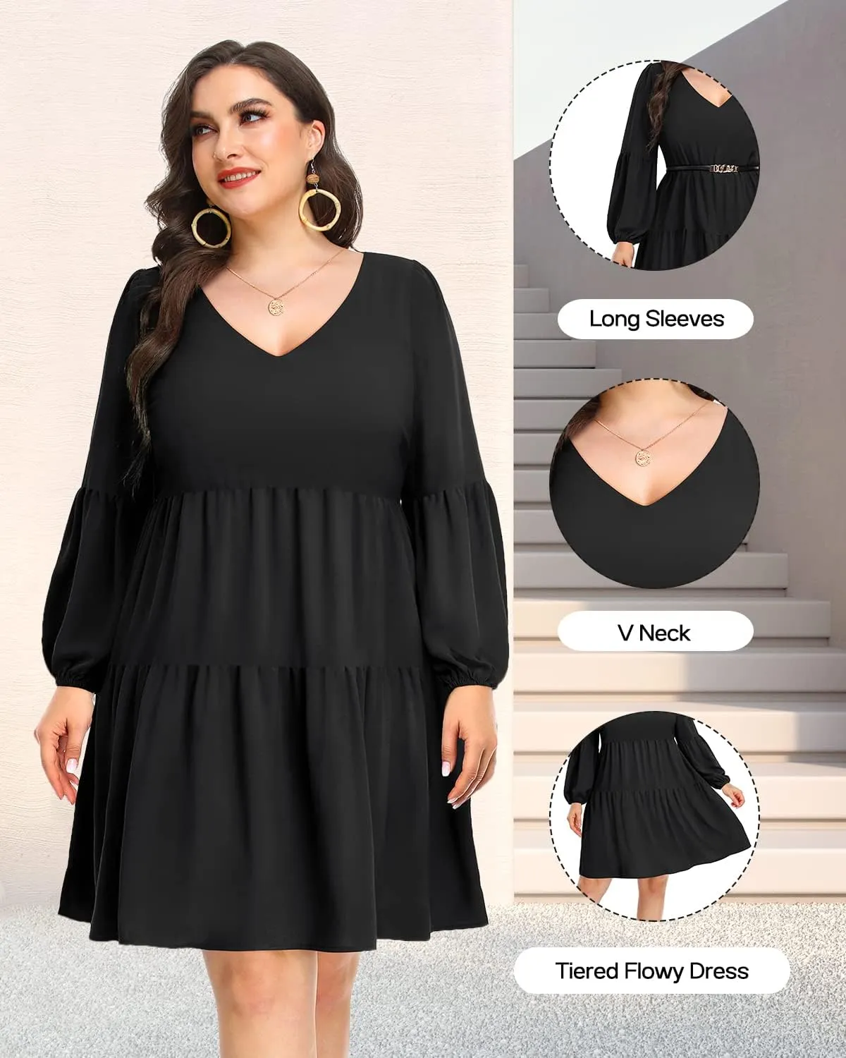 Pinup Fashion Plus Size Long Sleeve Fall Dress - Casual Babydoll Tunic Shift Tiered Flowy Dresses