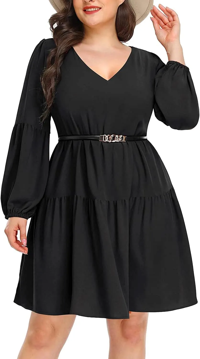 Pinup Fashion Plus Size Long Sleeve Fall Dress - Casual Babydoll Tunic Shift Tiered Flowy Dresses