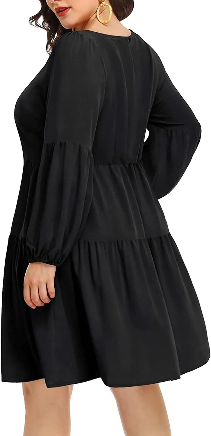 Pinup Fashion Plus Size Long Sleeve Fall Dress - Casual Babydoll Tunic Shift Tiered Flowy Dresses