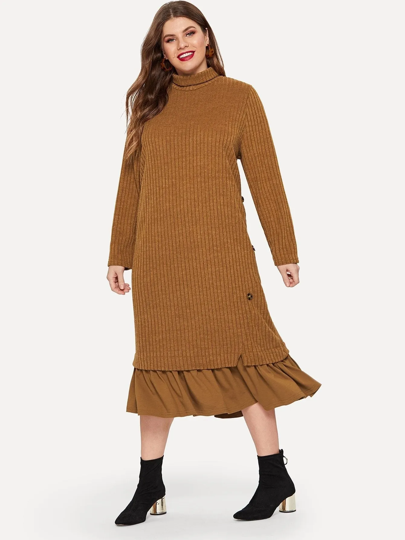  Plus High Neck Ruffle Hem Rib-knit Dress