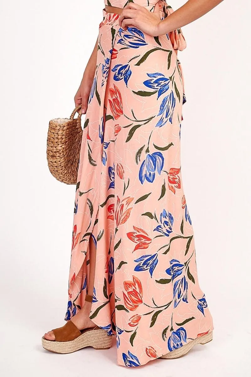 Print Slit Faux Wrap Maxi Skirt