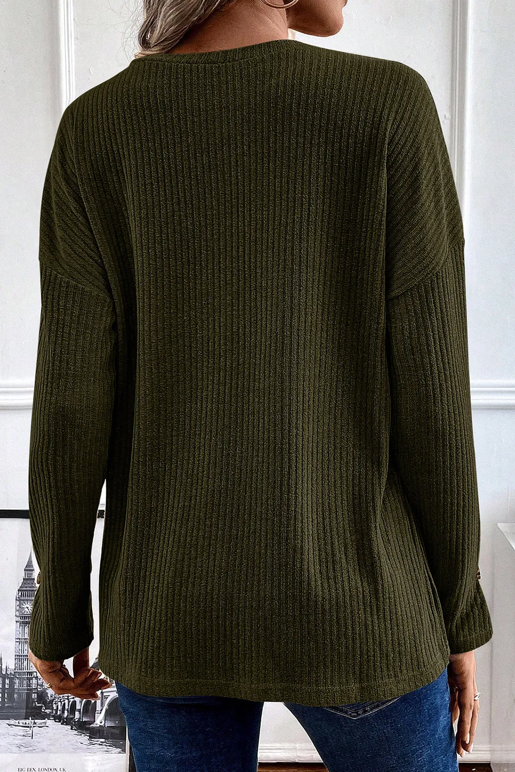 Ribbed Textured Henley Top (Jungle Green)