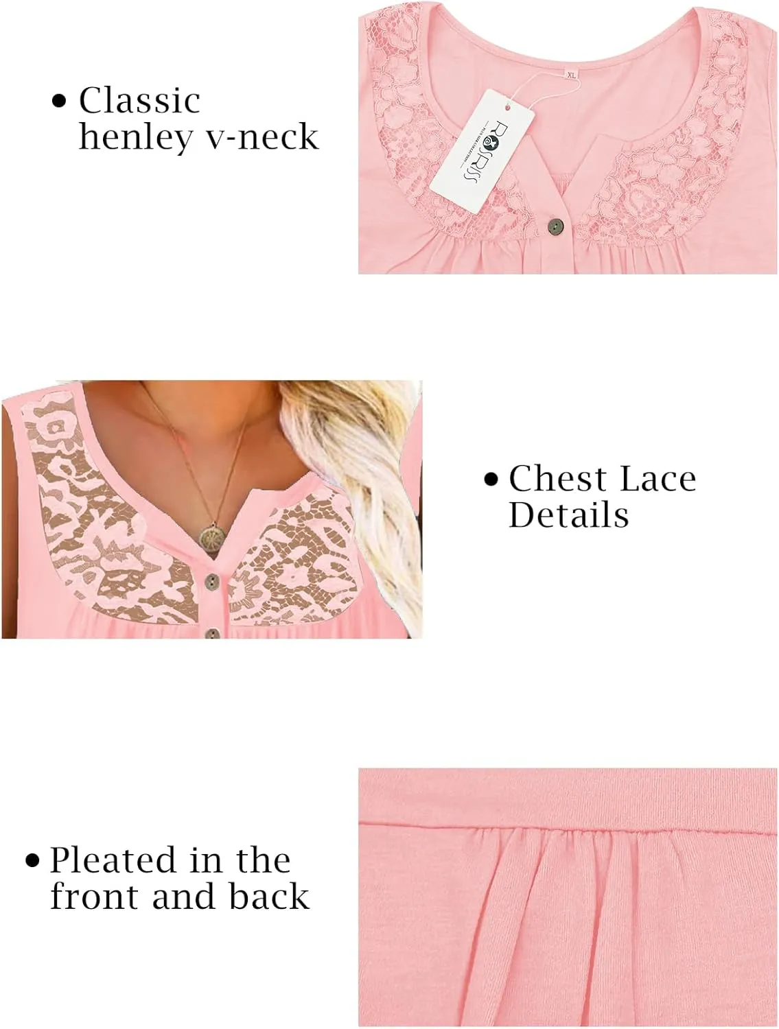 ROSRISS Plus-Size Tank Tops Summer Sleeveless Henley V-Neck Shirts Buttons Up Lace Pleated Flowy Tunics