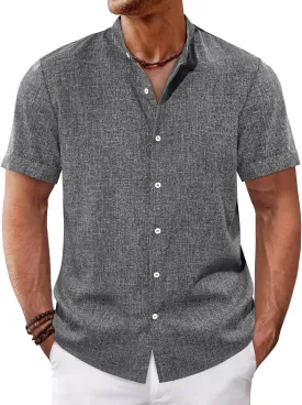 Runcati Mens Casual Button Down Shirts Short Sleeve Banded Collar Shirt Linen Beach Summer Hippie Tops