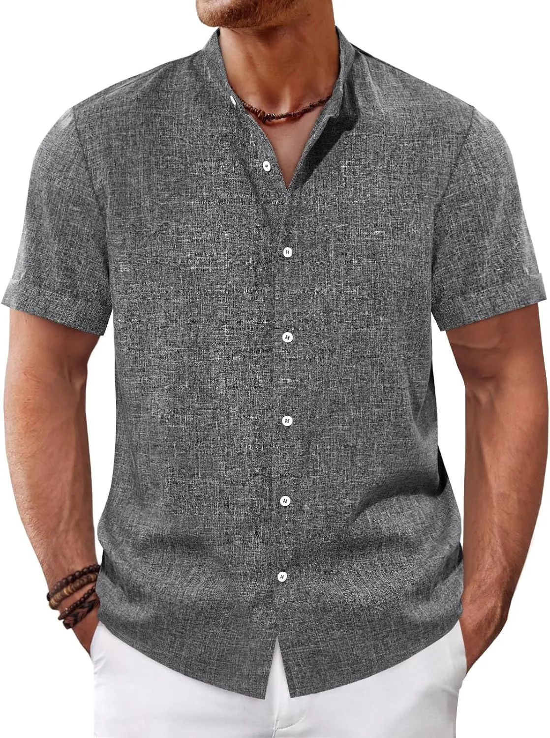 Runcati Mens Casual Button Down Shirts Short Sleeve Banded Collar Shirt Linen Beach Summer Hippie Tops