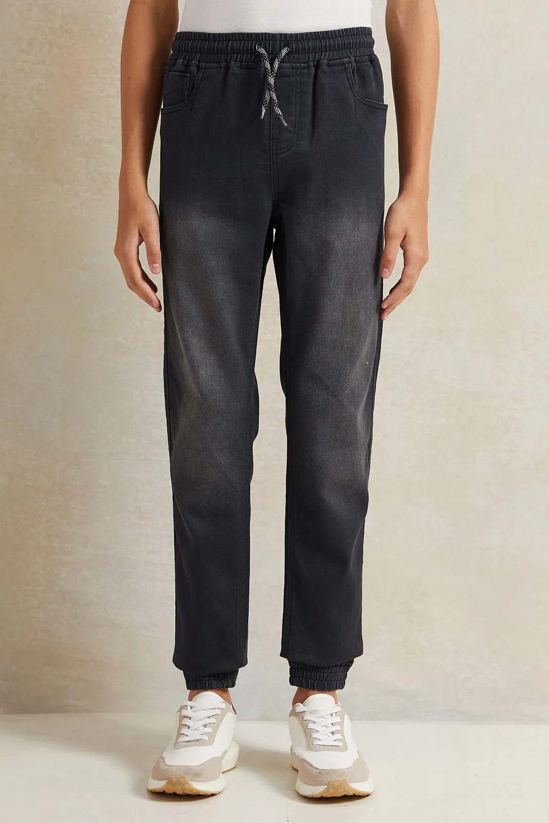 Senior Boys Black Denim Jogger With Cuff