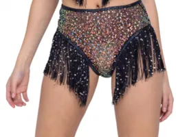Sequin Fishnet High Waisted Shorts with Fringe Detail - Black -