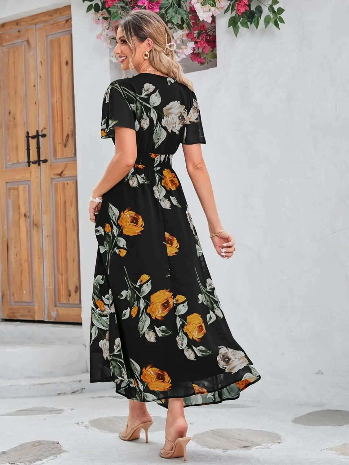 Simplee Women's Boho Floral Maxi Dress Flowy Casual V Neck Short Sleeve Wedding Guest Holiday Beach Long Dress