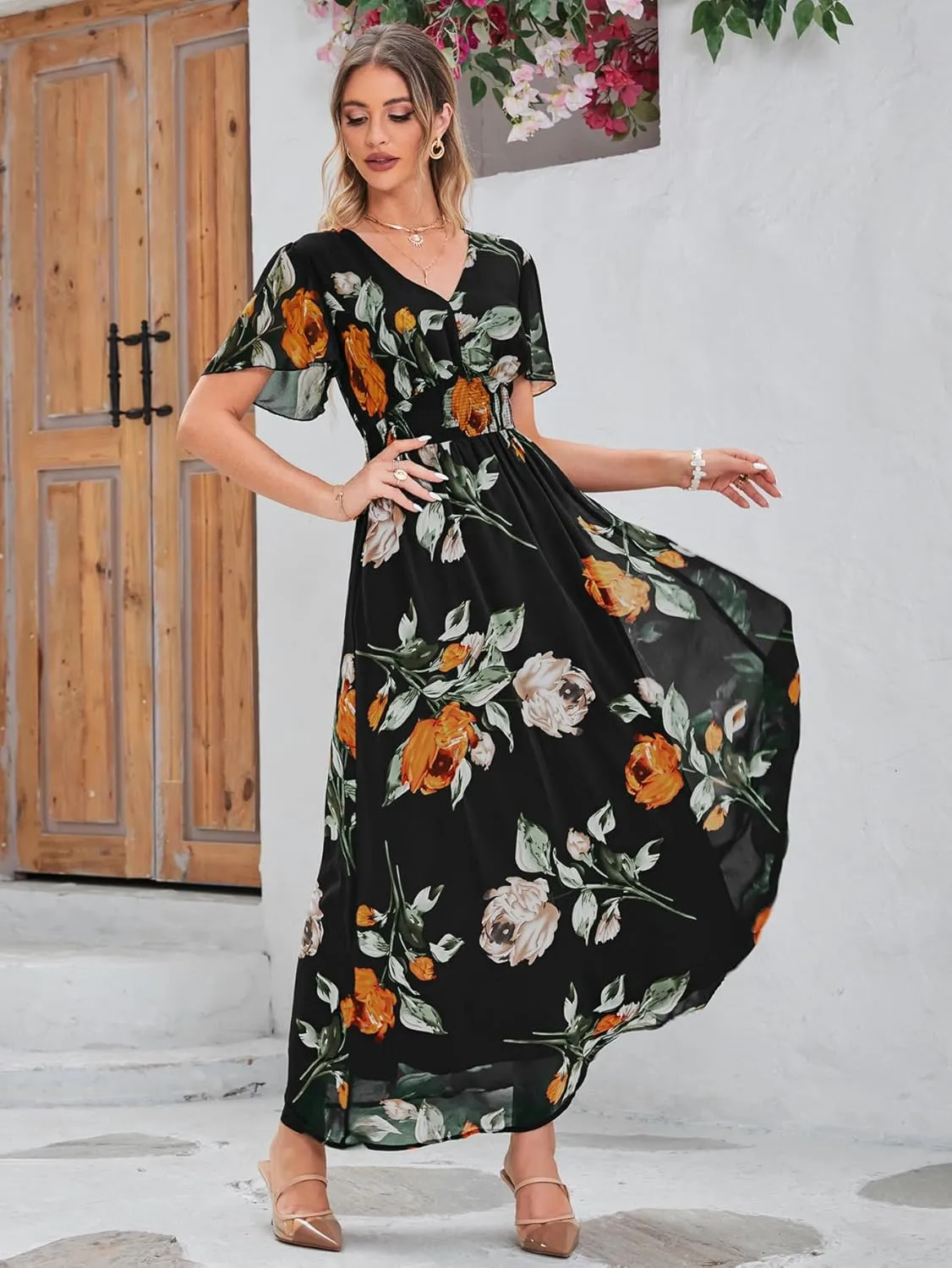 Simplee Women's Boho Floral Maxi Dress Flowy Casual V Neck Short Sleeve Wedding Guest Holiday Beach Long Dress