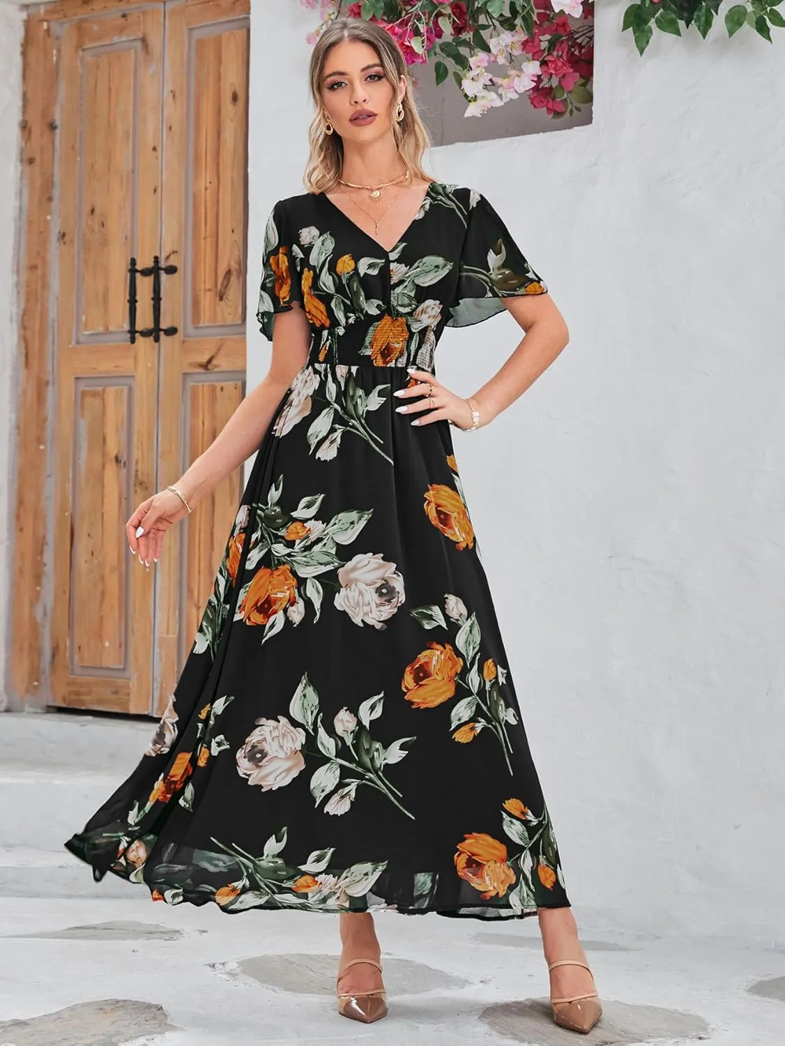 Simplee Women's Boho Floral Maxi Dress Flowy Casual V Neck Short Sleeve Wedding Guest Holiday Beach Long Dress