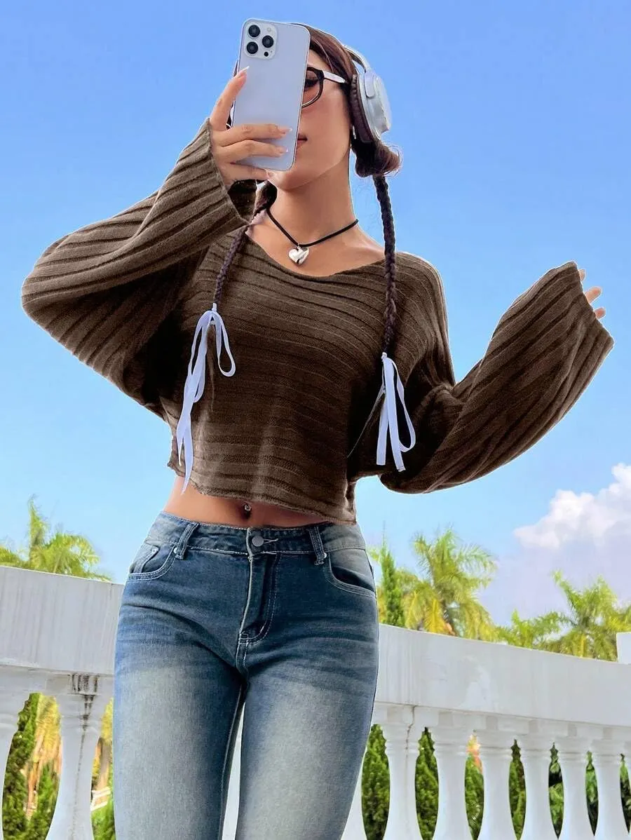 SKAYS Womens Off The Shoulder Cropped Sweater Fall Ribbed Knit Batwing Sleeve Boat Neck Pullover Sweaters Tops