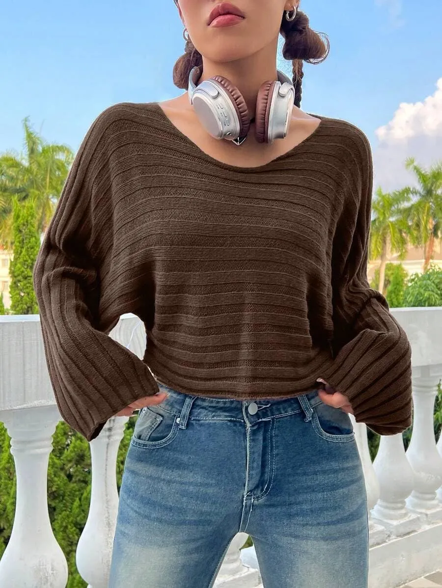 SKAYS Womens Off The Shoulder Cropped Sweater Fall Ribbed Knit Batwing Sleeve Boat Neck Pullover Sweaters Tops