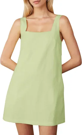 Summer Sleeveless Cotton Linen Mini Dress for Women Casual Square Neck Backless Short Dress Solid Tank Shift Dresses