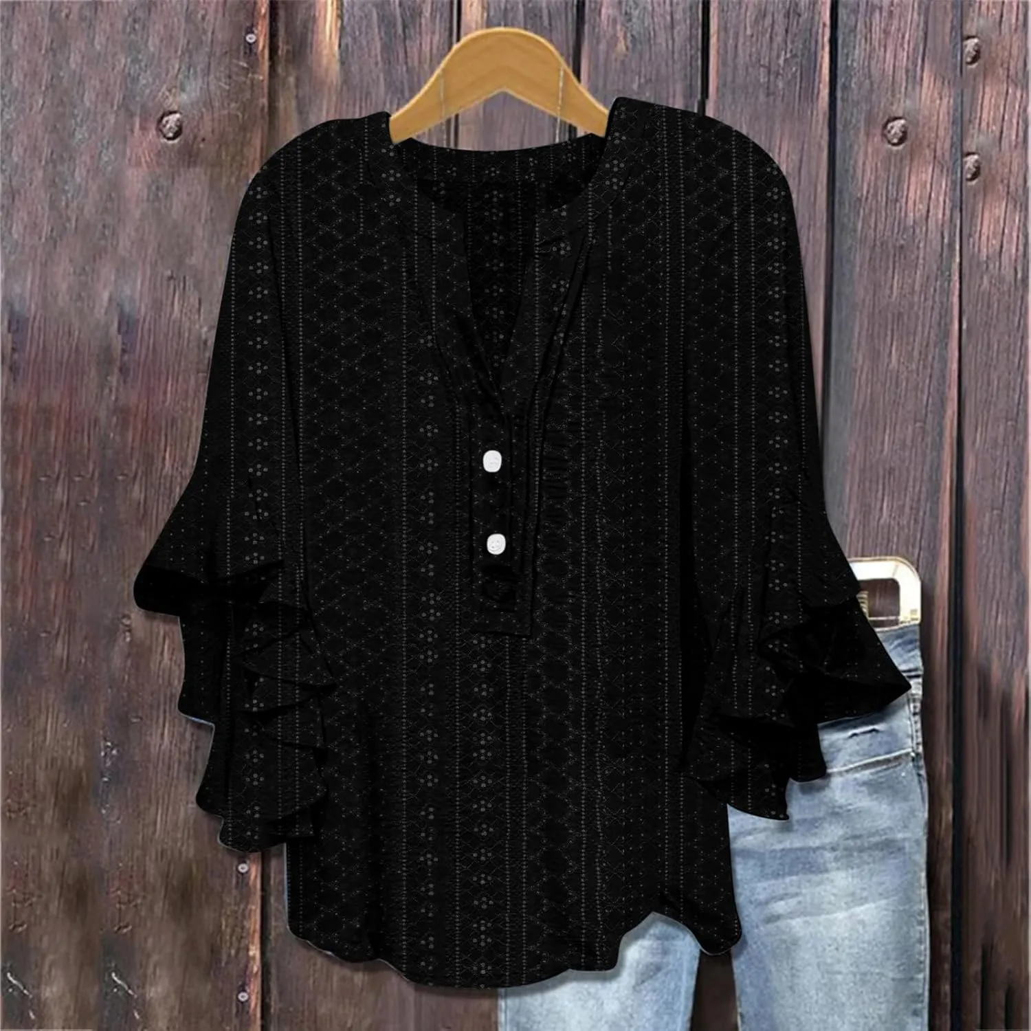 Summer Tops for Women Ruffle 3/4 Sleeve Shirts Boho Button Down Henley Tshirt Loose Floral Print Dressy Tunic Blouse