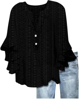 Summer Tops for Women Ruffle 3/4 Sleeve Shirts Boho Button Down Henley Tshirt Loose Floral Print Dressy Tunic Blouse