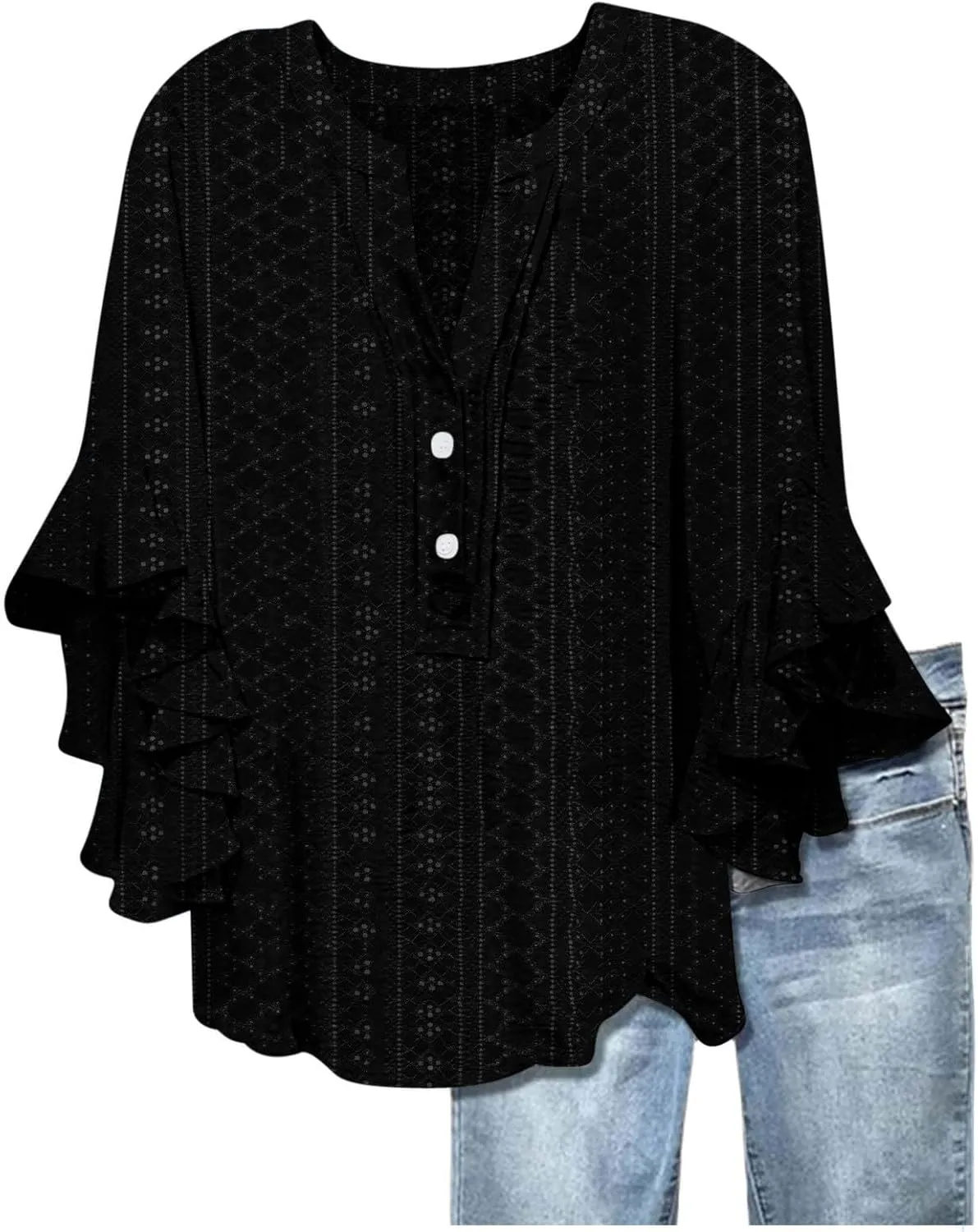 Summer Tops for Women Ruffle 3/4 Sleeve Shirts Boho Button Down Henley Tshirt Loose Floral Print Dressy Tunic Blouse