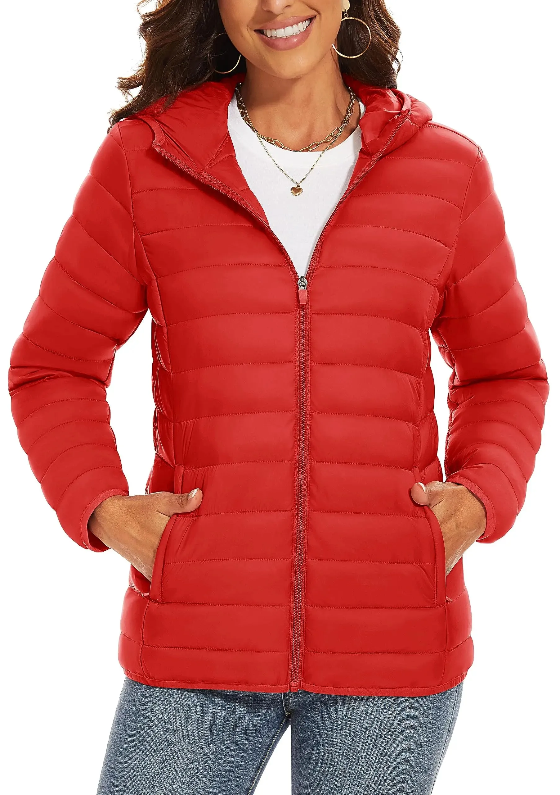 TACVASEN Full Zip Up Hooded Puffer Jacket Womens Winter Quilted Warm Down Coats Casual Windbreaker Padded Outwear Outdoor Cloth