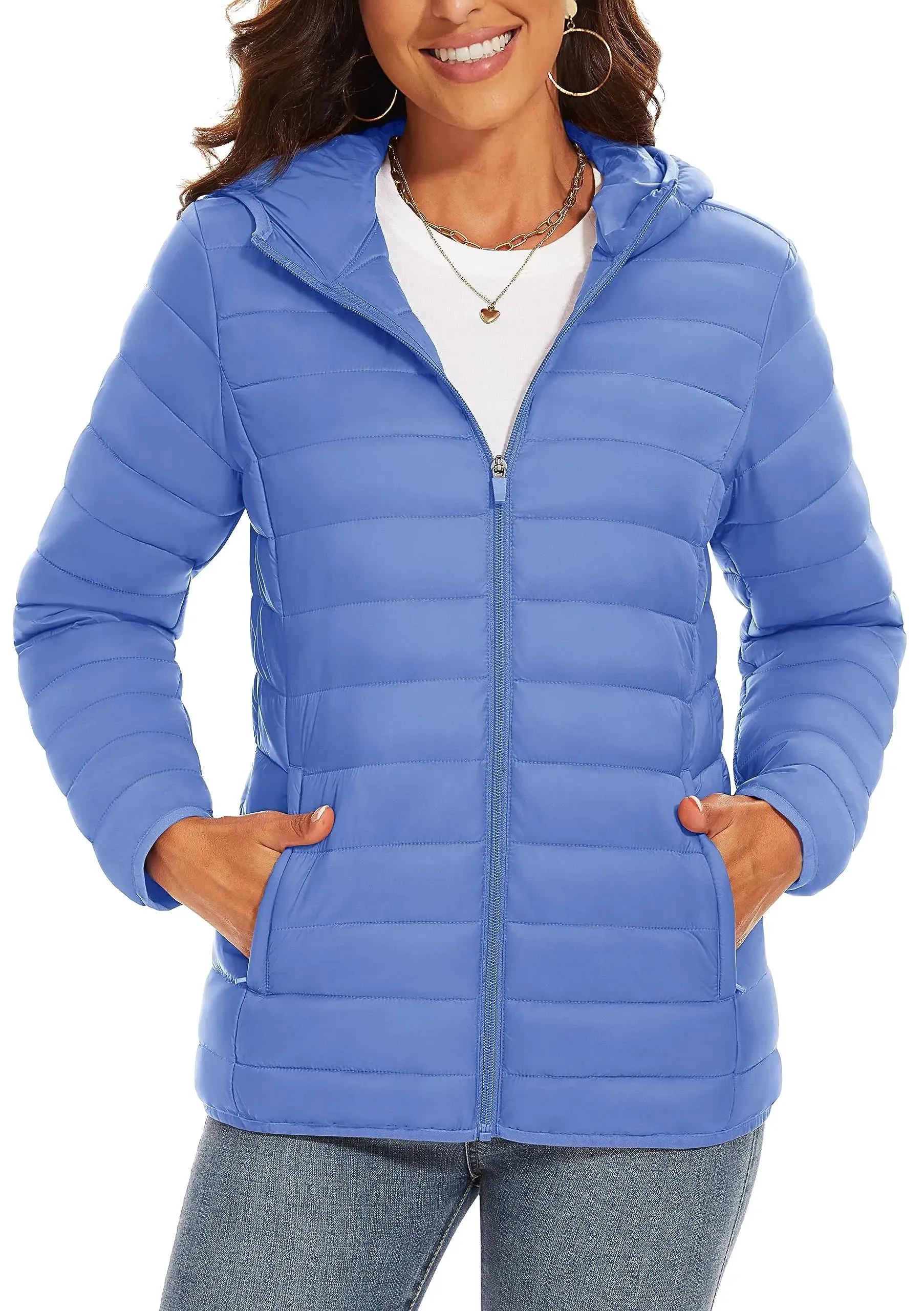 TACVASEN Full Zip Up Hooded Puffer Jacket Womens Winter Quilted Warm Down Coats Casual Windbreaker Padded Outwear Outdoor Cloth