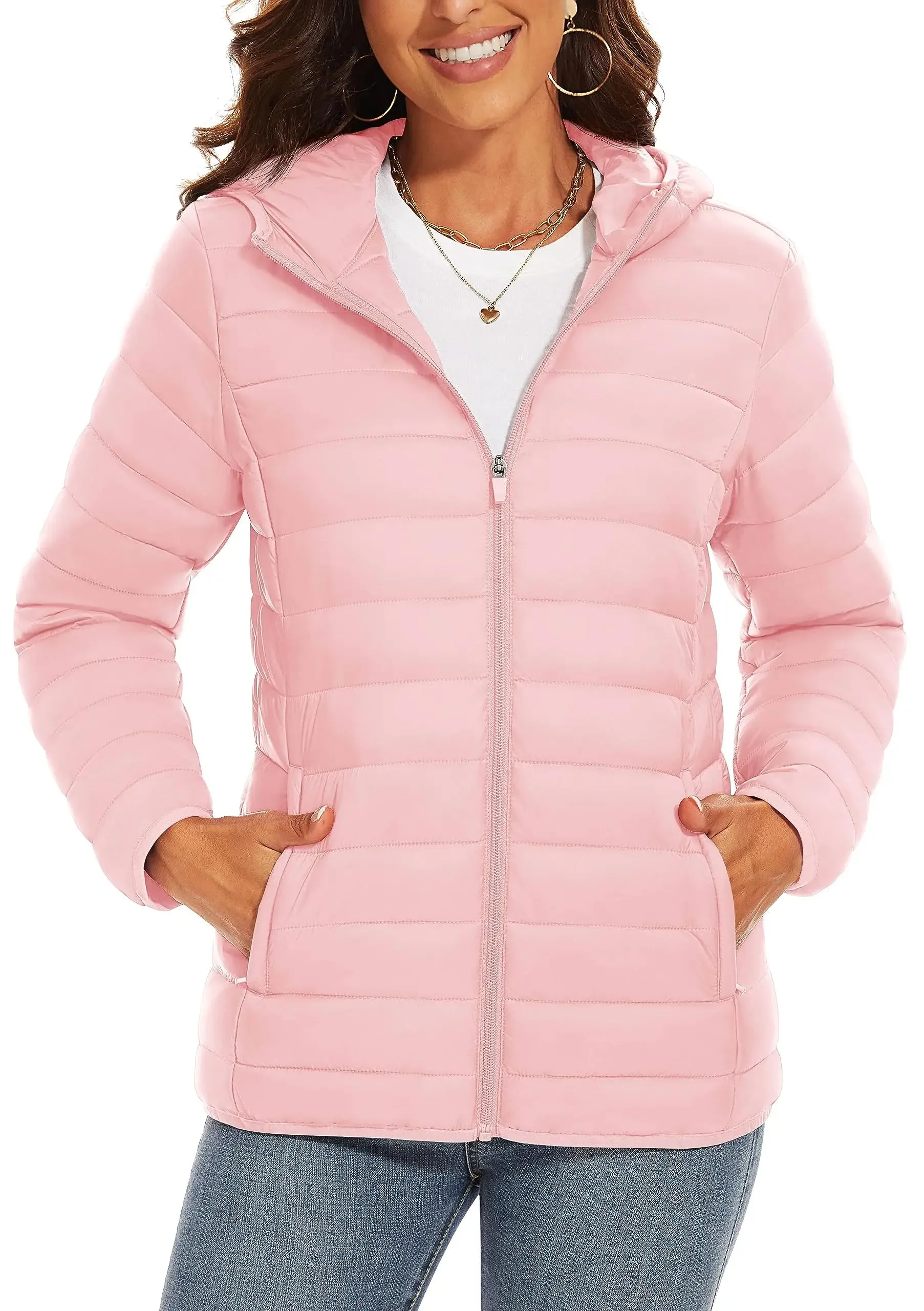 TACVASEN Full Zip Up Hooded Puffer Jacket Womens Winter Quilted Warm Down Coats Casual Windbreaker Padded Outwear Outdoor Cloth