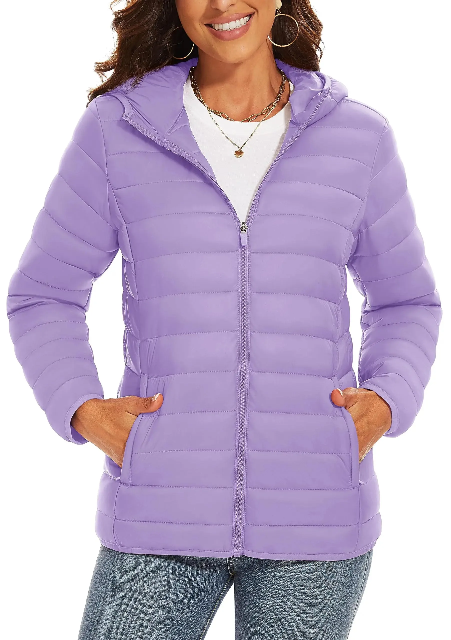 TACVASEN Full Zip Up Hooded Puffer Jacket Womens Winter Quilted Warm Down Coats Casual Windbreaker Padded Outwear Outdoor Cloth