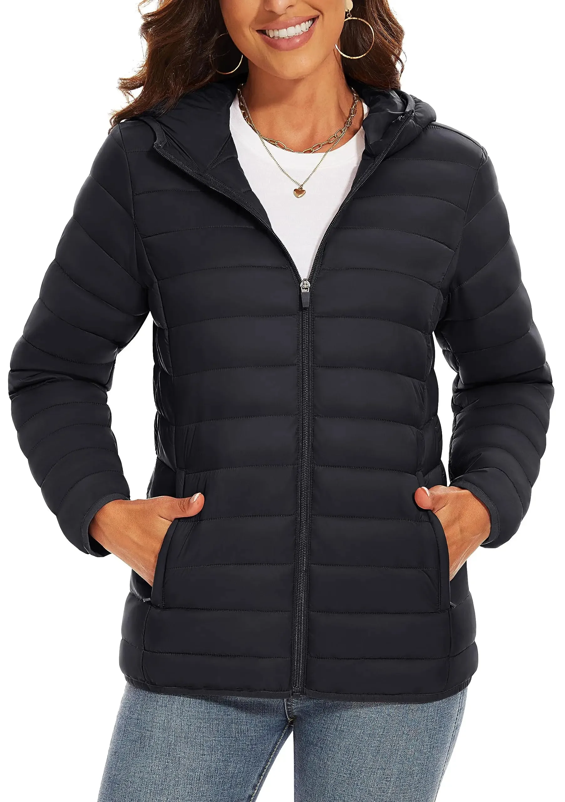 TACVASEN Full Zip Up Hooded Puffer Jacket Womens Winter Quilted Warm Down Coats Casual Windbreaker Padded Outwear Outdoor Cloth