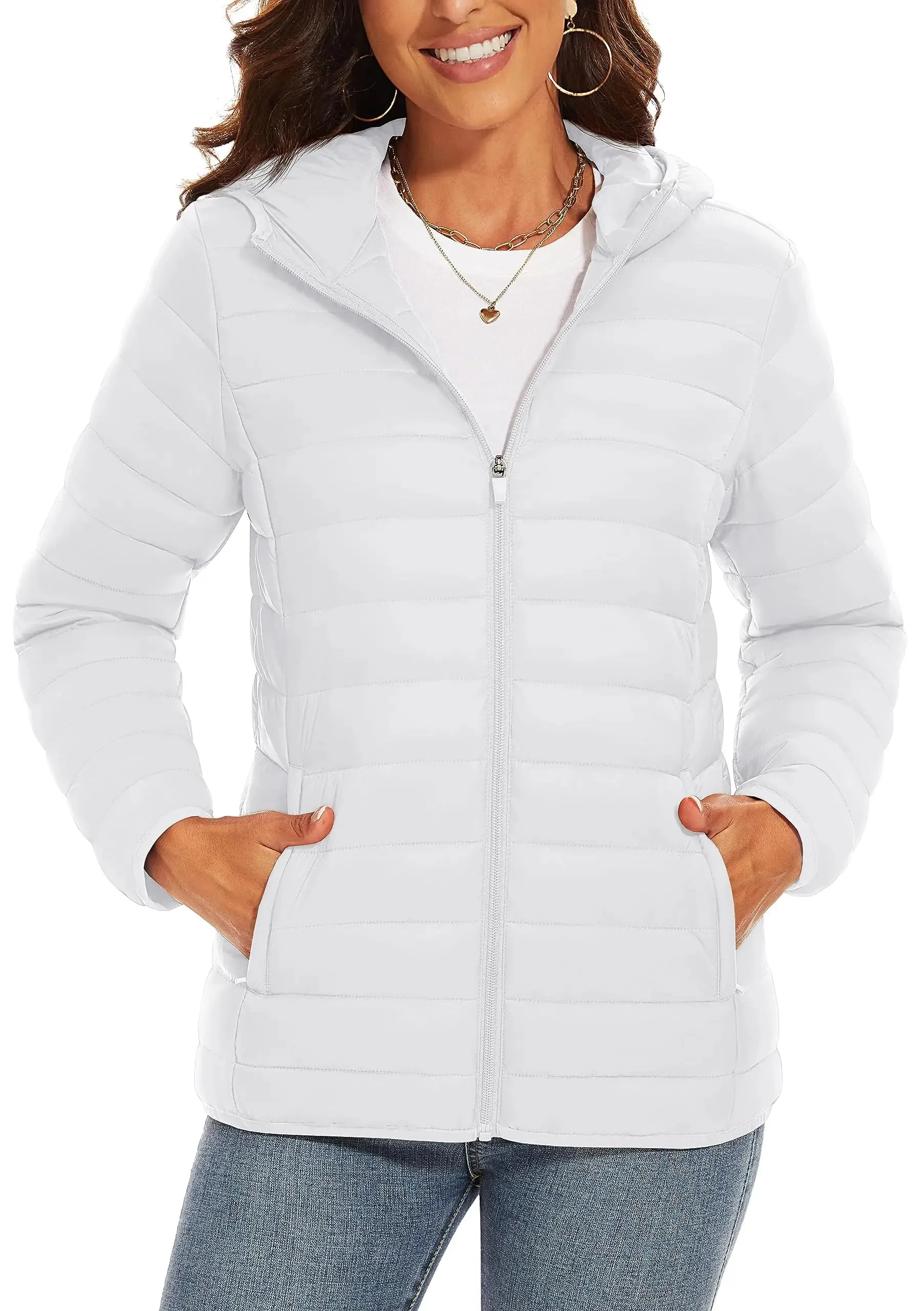 TACVASEN Full Zip Up Hooded Puffer Jacket Womens Winter Quilted Warm Down Coats Casual Windbreaker Padded Outwear Outdoor Cloth