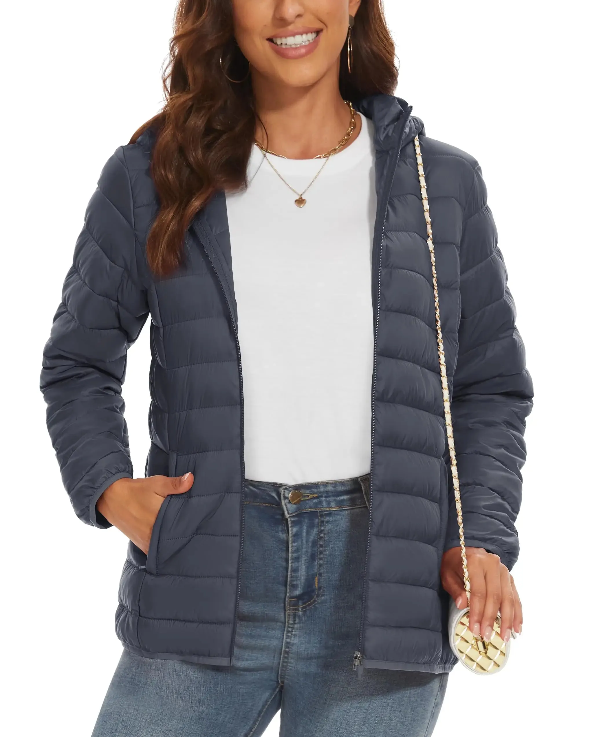 TACVASEN Full Zip Up Hooded Puffer Jacket Womens Winter Quilted Warm Down Coats Casual Windbreaker Padded Outwear Outdoor Cloth