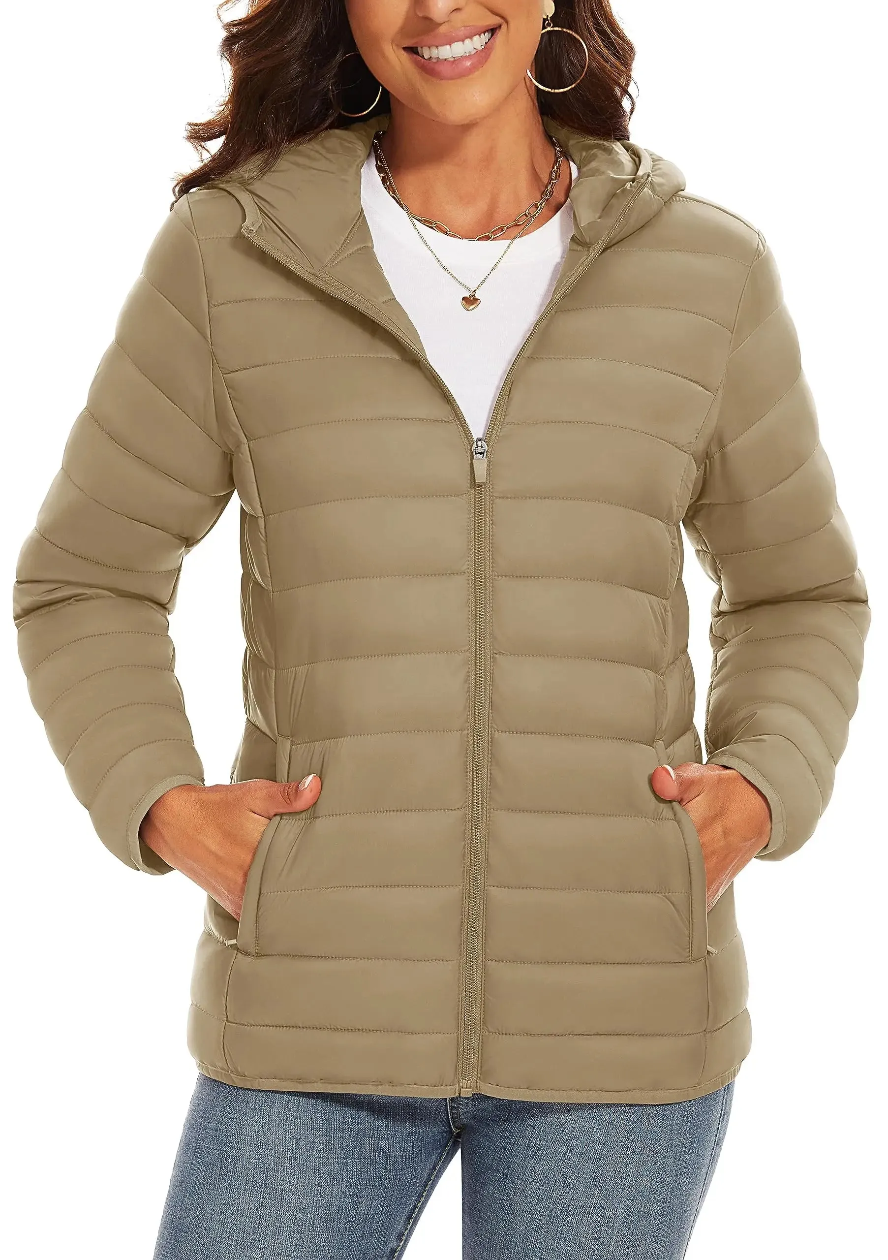 TACVASEN Full Zip Up Hooded Puffer Jacket Womens Winter Quilted Warm Down Coats Casual Windbreaker Padded Outwear Outdoor Cloth