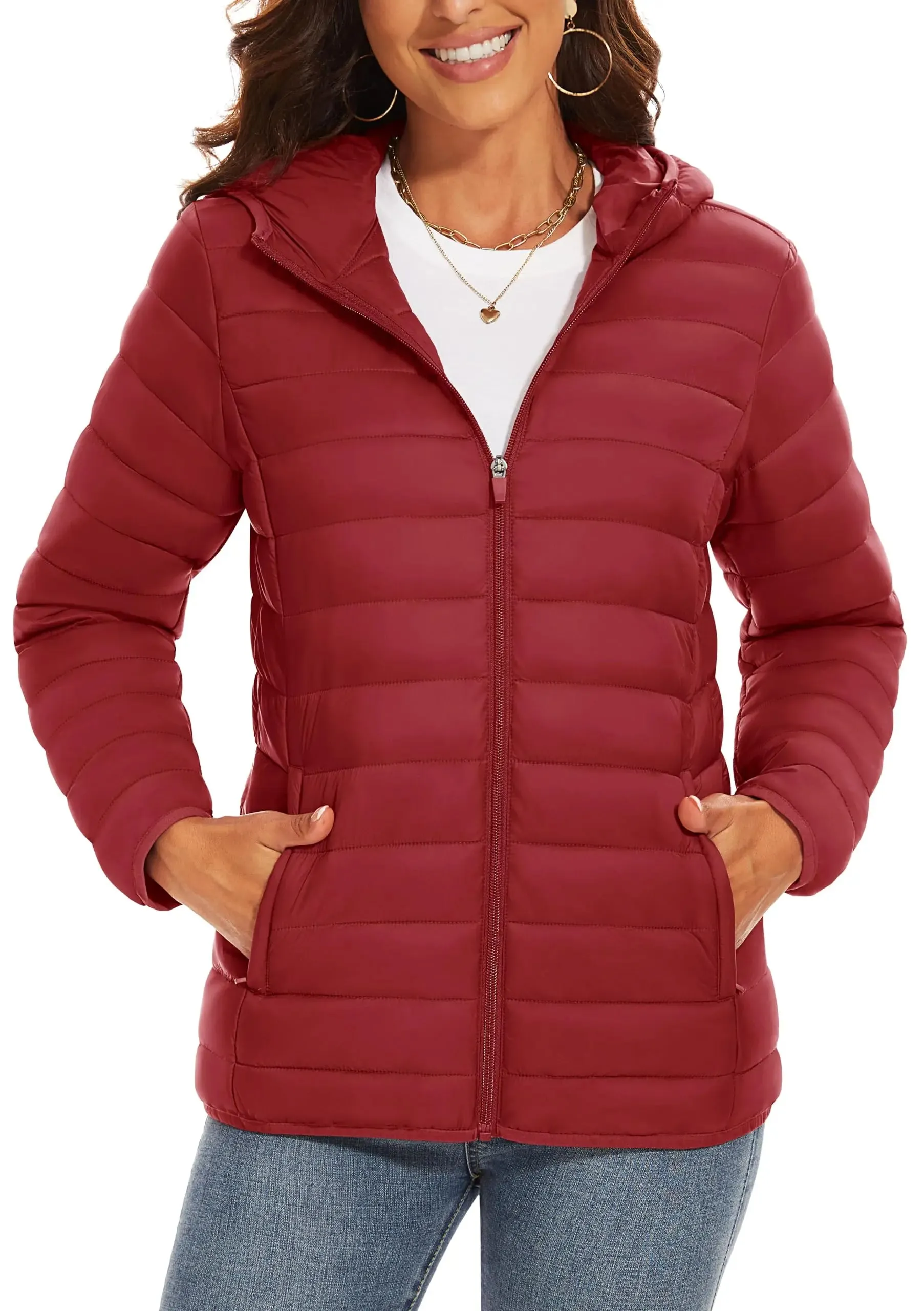 TACVASEN Full Zip Up Hooded Puffer Jacket Womens Winter Quilted Warm Down Coats Casual Windbreaker Padded Outwear Outdoor Cloth