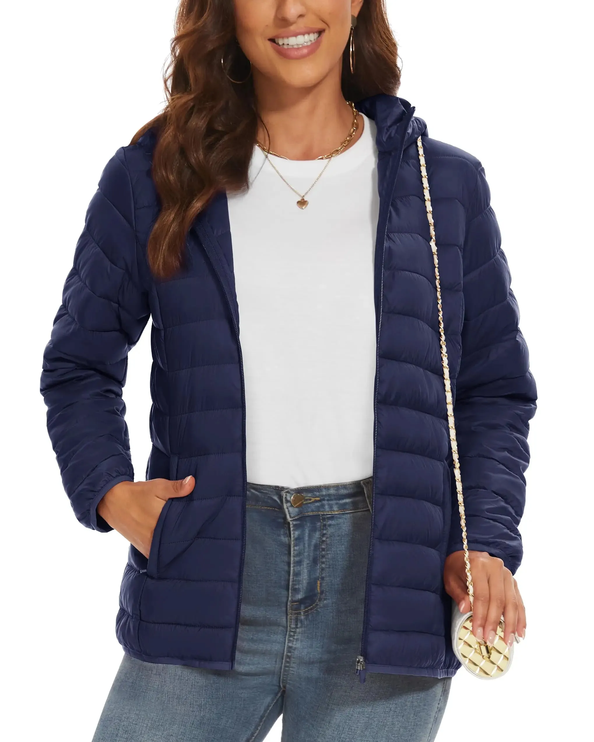 TACVASEN Full Zip Up Hooded Puffer Jacket Womens Winter Quilted Warm Down Coats Casual Windbreaker Padded Outwear Outdoor Cloth