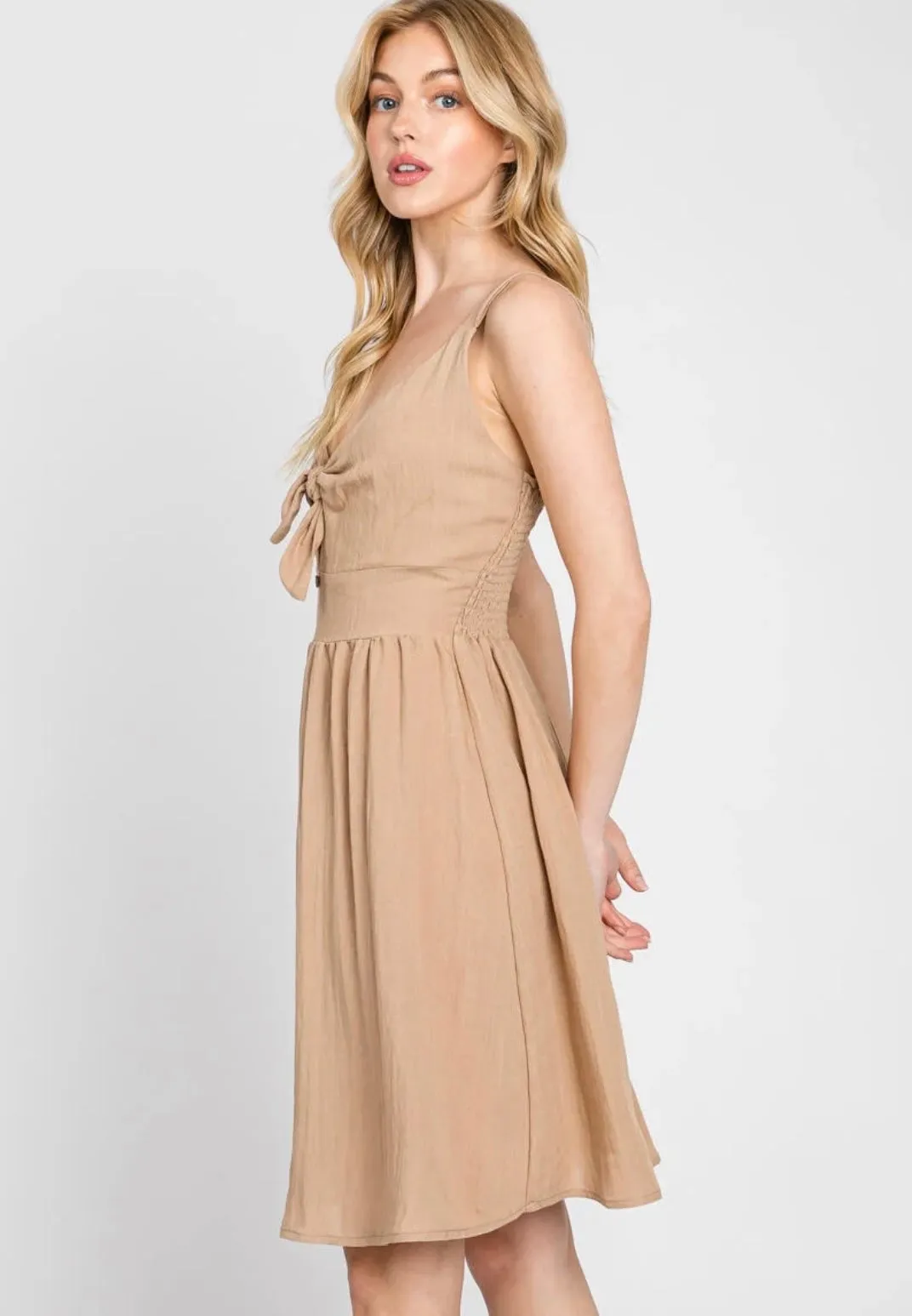 Tawny Brown Front Tie & Button Detail Smocked Back Tank Dress