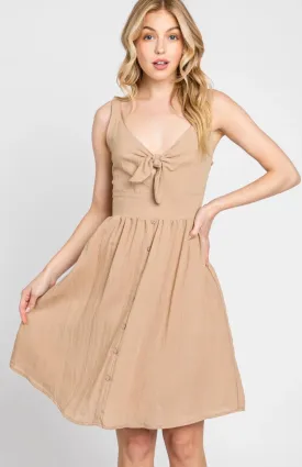 Tawny Brown Front Tie & Button Detail Smocked Back Tank Dress