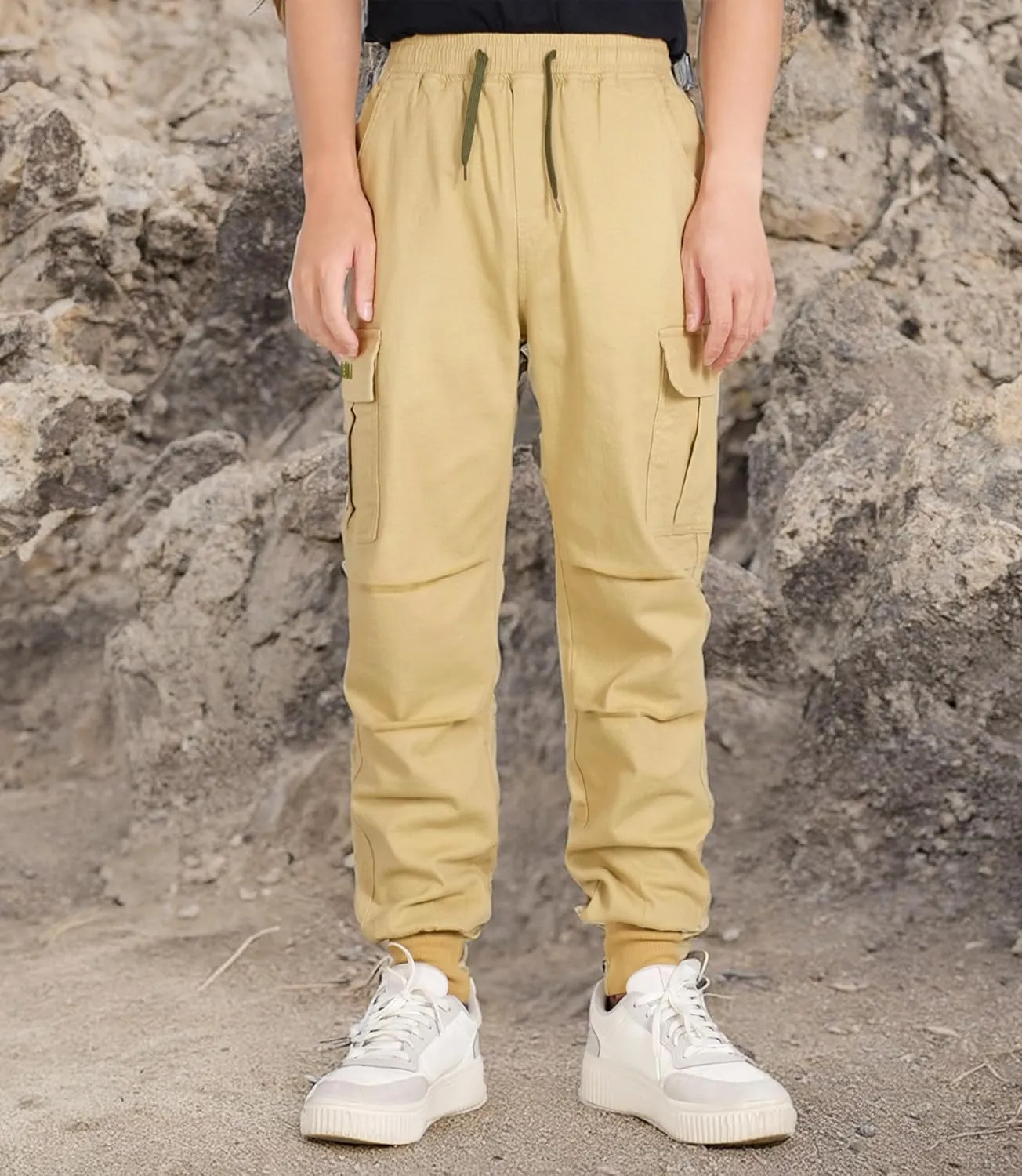 TLAENSON Boys Joggers Cargo Pants for Kids Drawstring Elastic Waist Cotton Twill Jogging School Pant