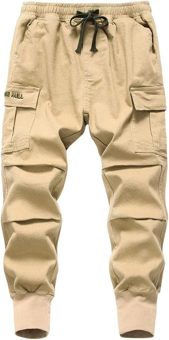 TLAENSON Boys Joggers Cargo Pants for Kids Drawstring Elastic Waist Cotton Twill Jogging School Pant