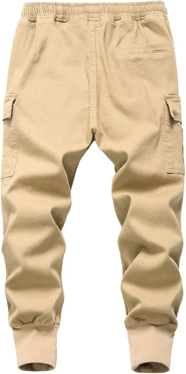 TLAENSON Boys Joggers Cargo Pants for Kids Drawstring Elastic Waist Cotton Twill Jogging School Pant