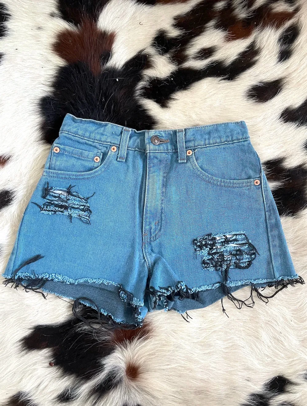 Vintage 90s Teal Shredded High-Waist Levi's Cut-Off Shorts -- Size 27